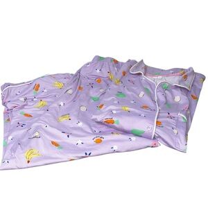Joyspun 2pc Pajama Set Long Pant Short Sleeve Top Button Up Purple Fruit Soft 2X